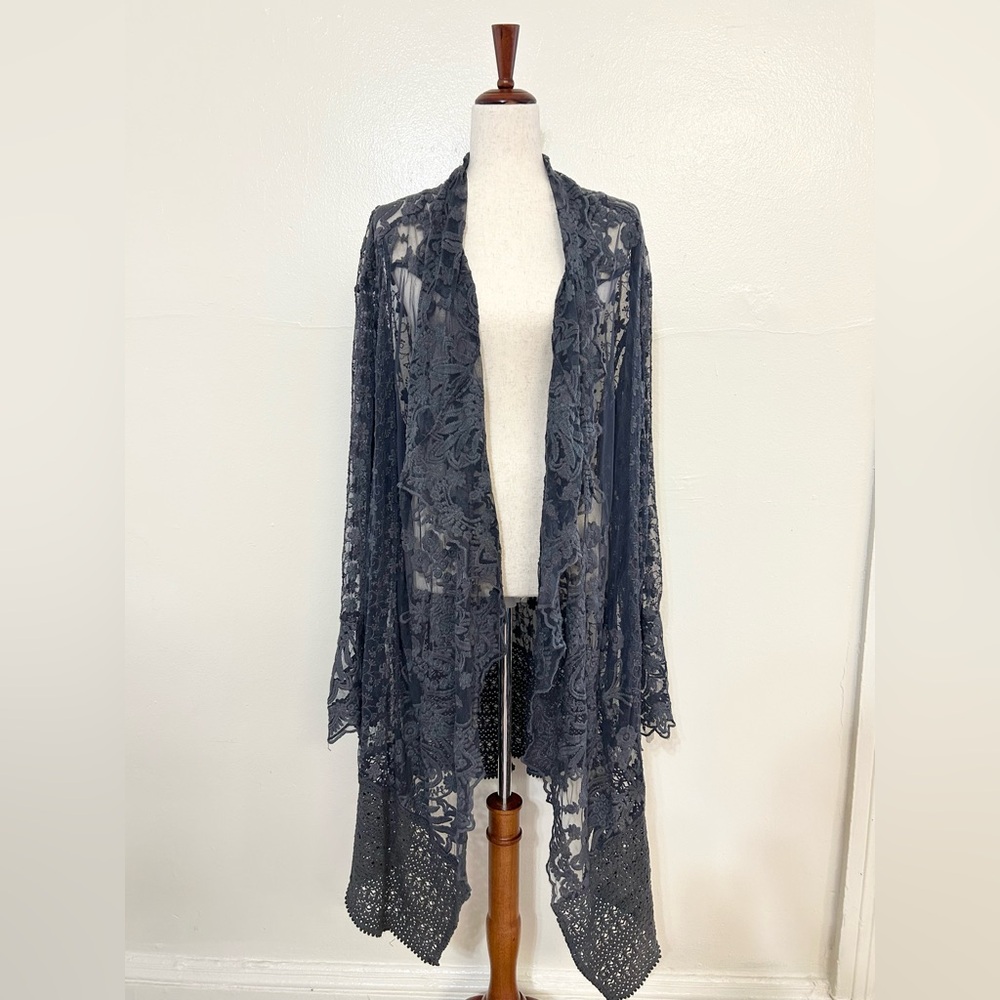 Kyla Sea Gray Lace Open Front Draped Lapel Cardigan Tunic Dress